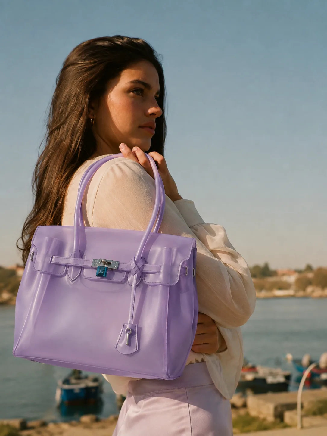 Bolso Jelly lila JELLOCO en un look de playa y costa
